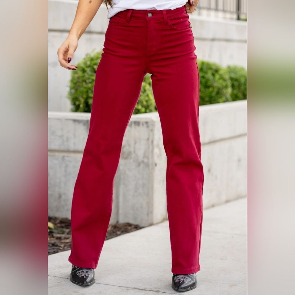 Judy Blue High Rise Garment Dyed 90's Straight Leg Heart Pocket Jeans Red 13/31